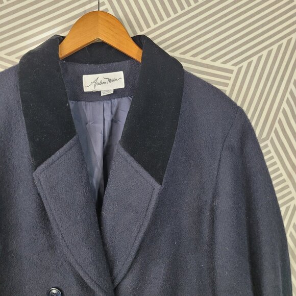 Vintage Wool Winter Long Coat Plus 20W Blue Velvet Trim Trench Double Breasted - Picture 3 of 7